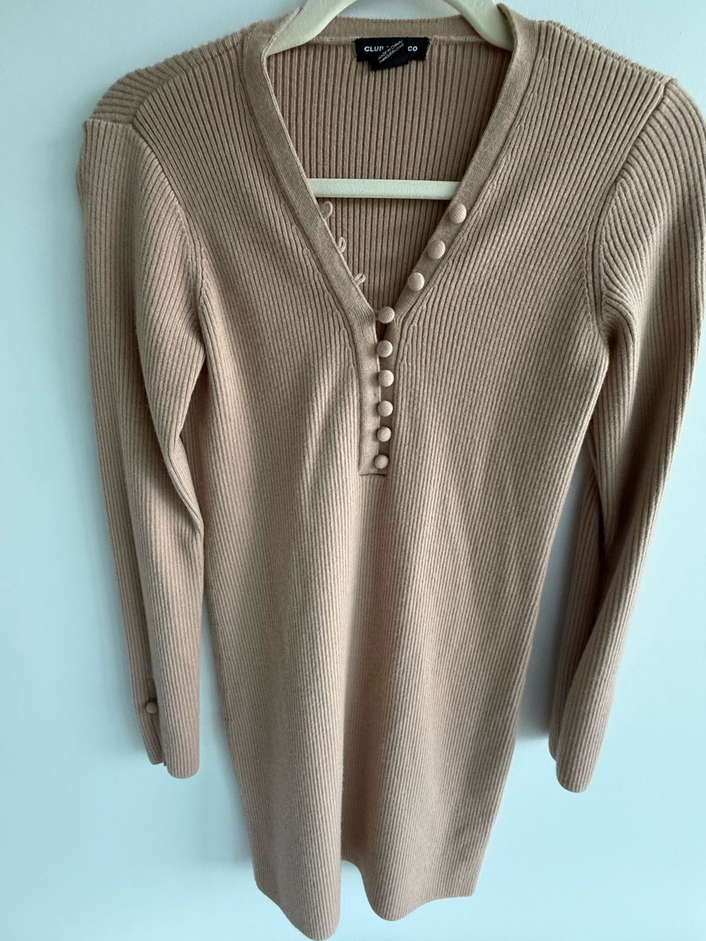 Club Monaco Camel Ribbed Long-Sleeve Knit Dress with Button Details